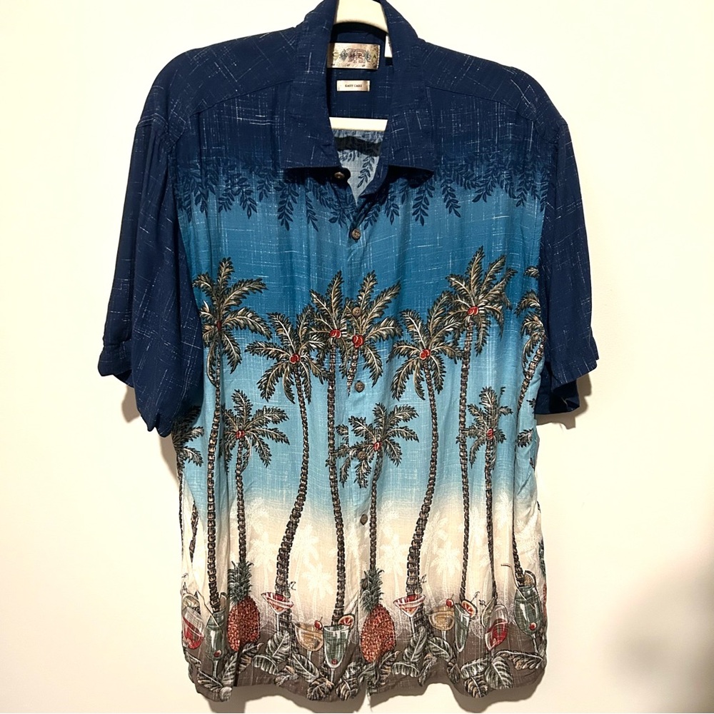 Campia Moda Hawaiian Shirt Mens XL Rayon Palm Tree Cocktails Print VTG EUC